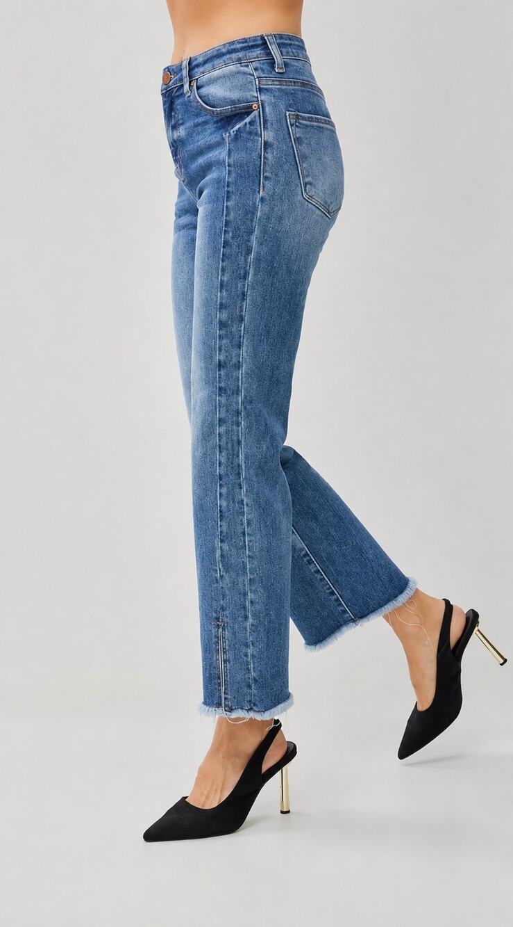 Risen Jeans High Waist Front Seam Raw Hem Slit Straight Leg Ankle Jeans 27 / 5